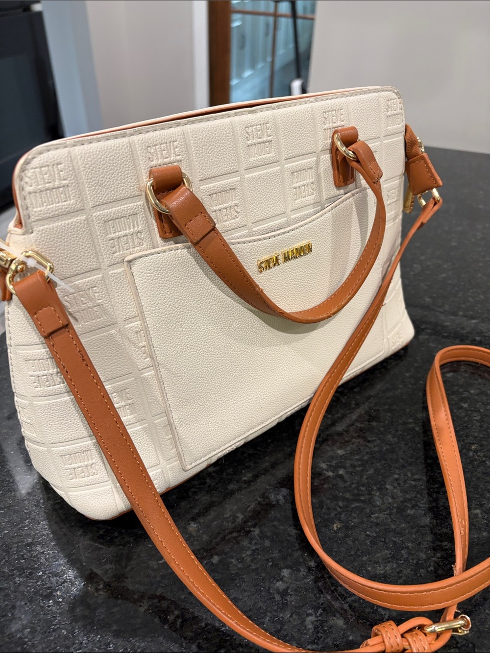Steve Madden Cream & Tan Embossed Purse with Crossbody Strap